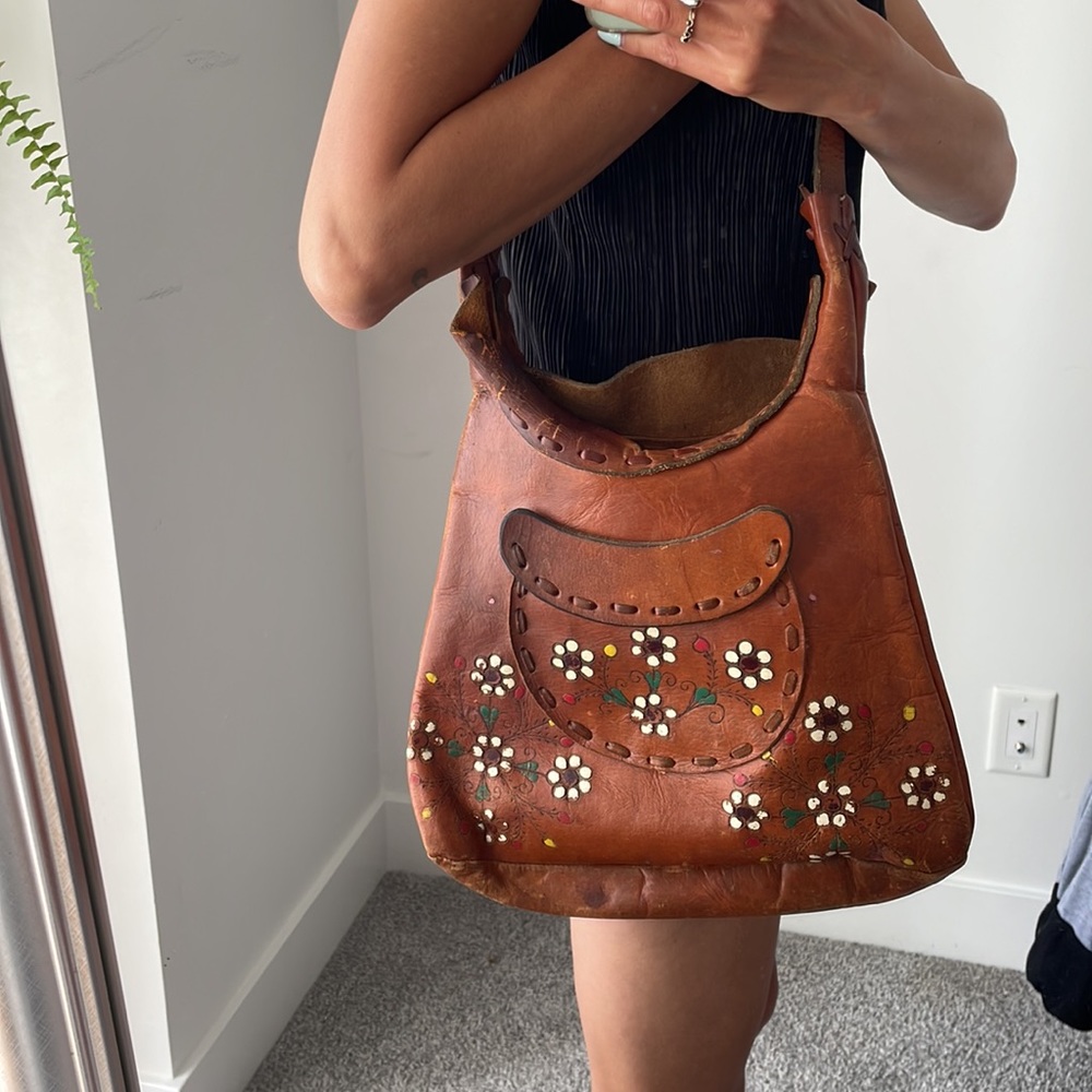 Unique leather floral purse hand made 70s hippy boho aesthetic one of a kind